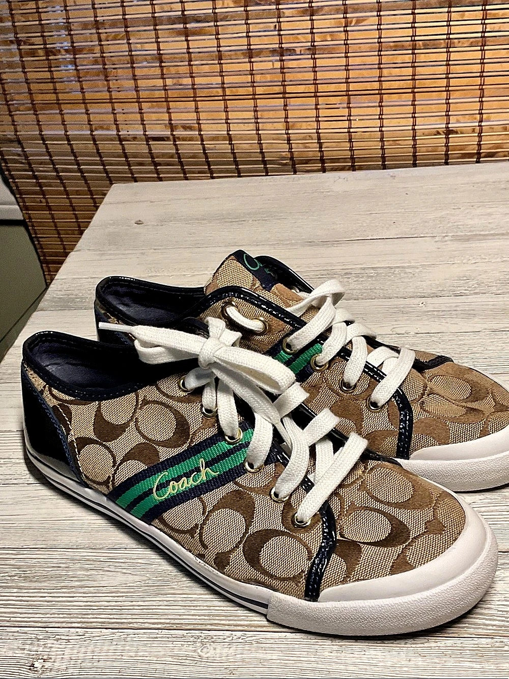 Coach Folly Khaki Navy Green Signature Monogram Sneakers Women's Size 9.5 shoes